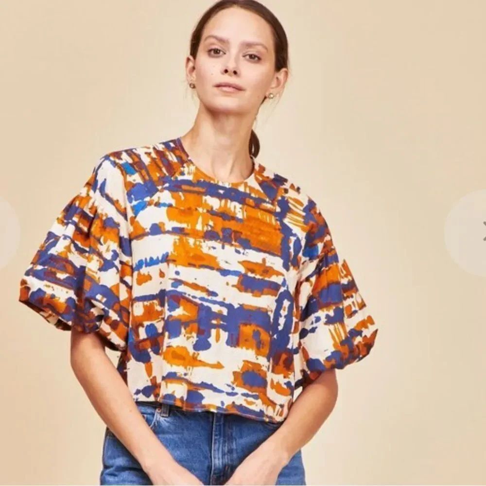 Hunter Bell Bubble Sleeve Top Blue Brown Multi Abstract Print Small